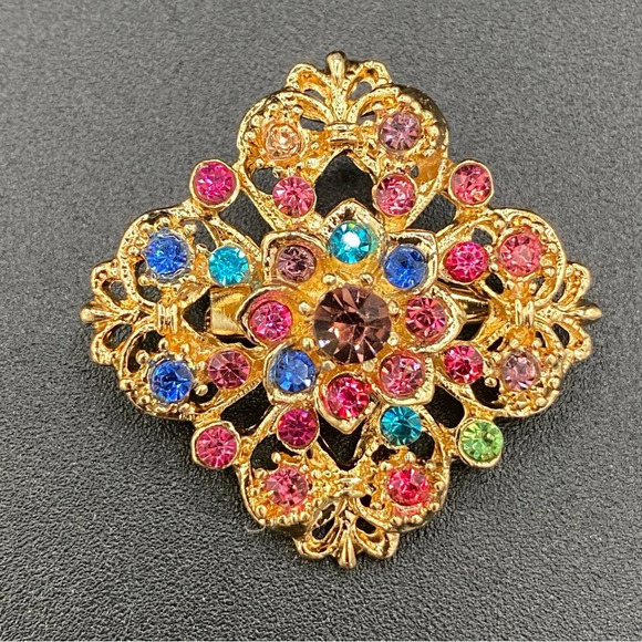 Colourful Gemstone Vintage Inspired Gold Tone Brooch - Picture 6 of 8